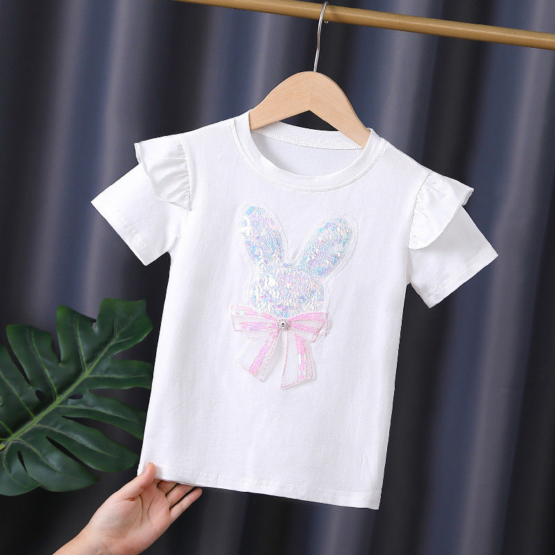 Mädchen T-Shirt mit aufgesticktem Häschen und Rüschendetails EB
