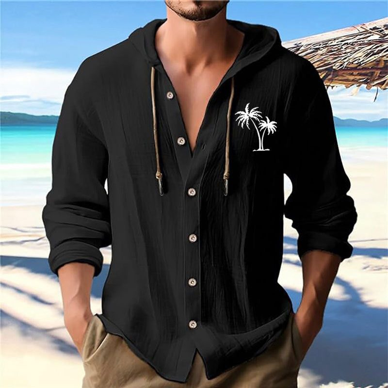 Herren lässiges Kapuzenshirt mit dekorativem Palmendruck und Knopfleiste EB