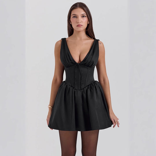Damen Kleid mit tiefem V-Ausschnitt und voluminösem Rock EB