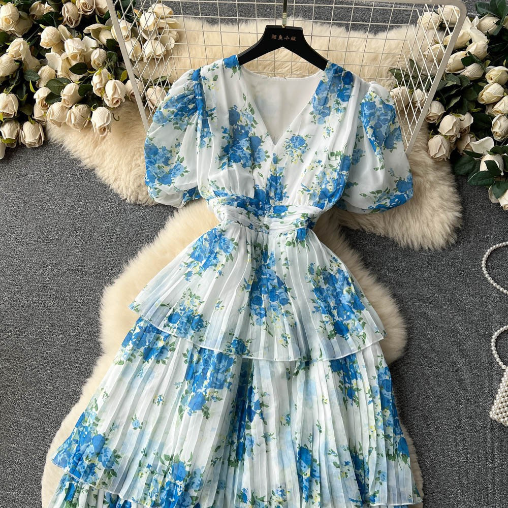 Damen Maxi-Kleid mit voluminösen Rüschendetails und floralem Design EB