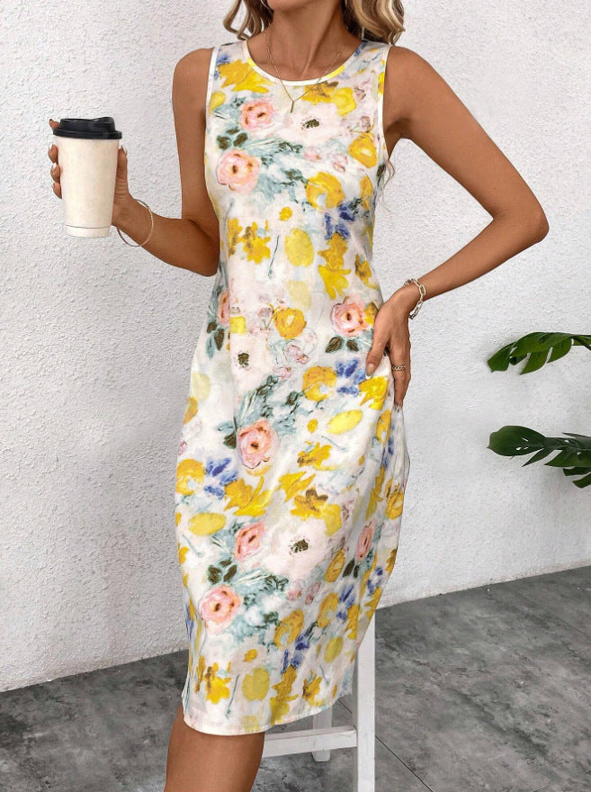 Damen Blumiges Sommerkleid mit fließendem Schnitt und ärmellosem Design EB