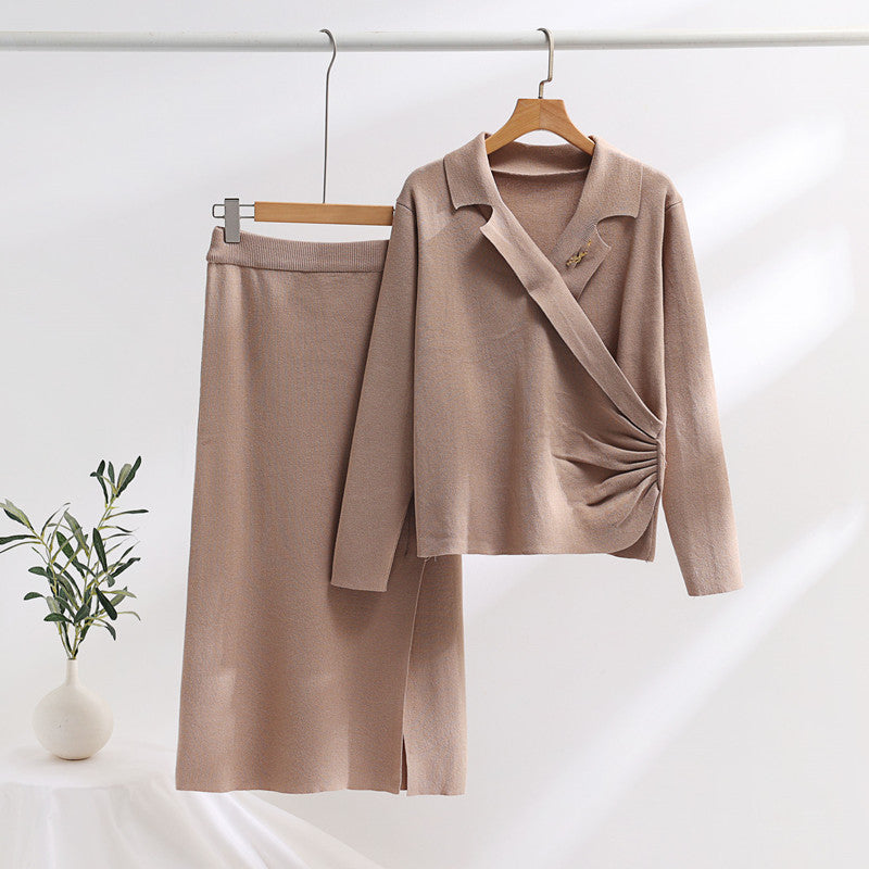 Damen elegantes Strickensemble mit Wickeloberteil und raffinierter hoher Taillierung EB