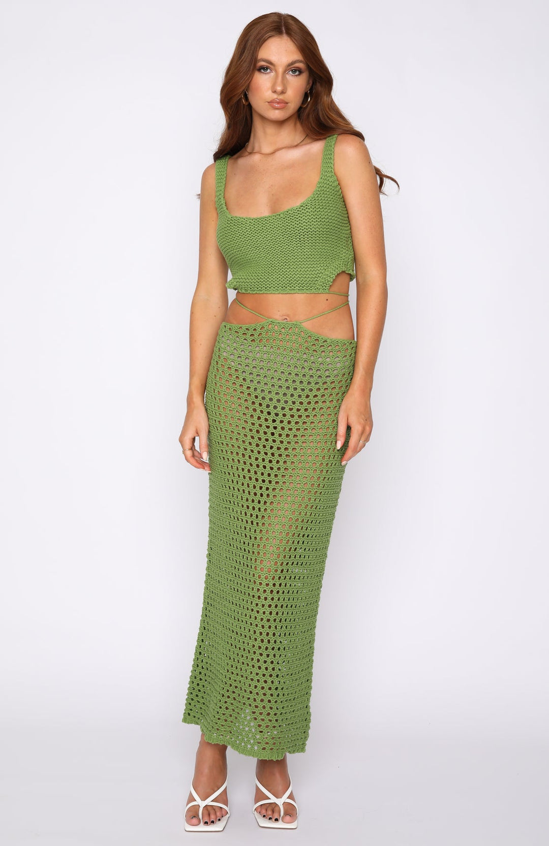 Damen gehäkeltes Crop-Top und Maxirock-Set mit seitlichen Schlitzen und Binde-Details EB
