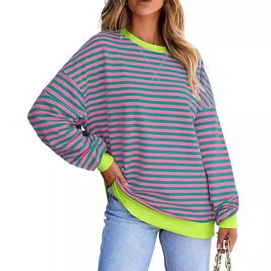Damen lässiger gestreifter Sweatshirt mit Oversize-Schnitt und bequemen Details EB
