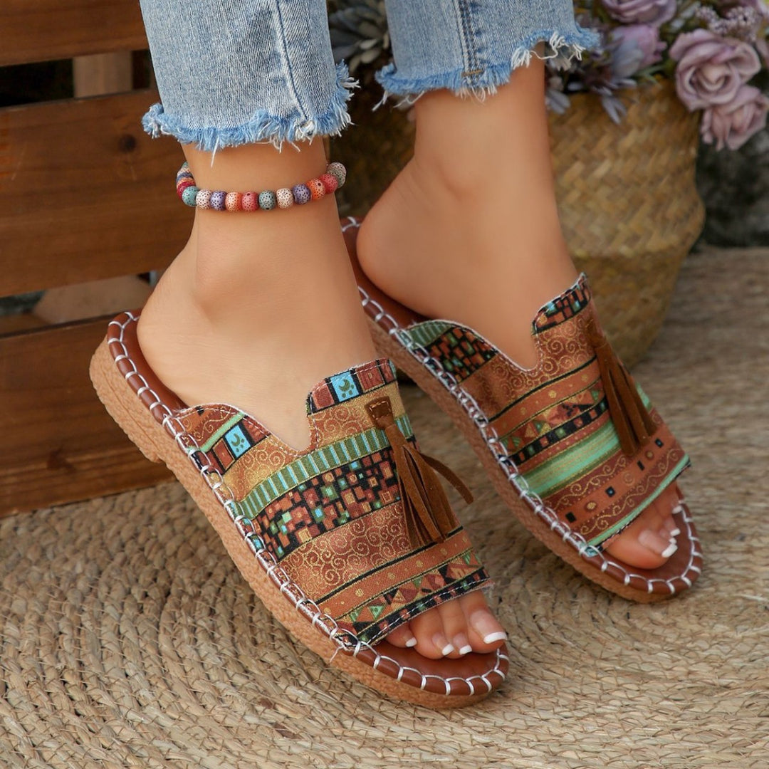 Damen Casual Slip-On Sandalen mit buntem Webdesign und Quasten EB