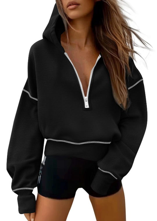 Damen nan cropped Kapuzenpullover mit halbem Reißverschluss und voluminösen Ballonärmeln EB