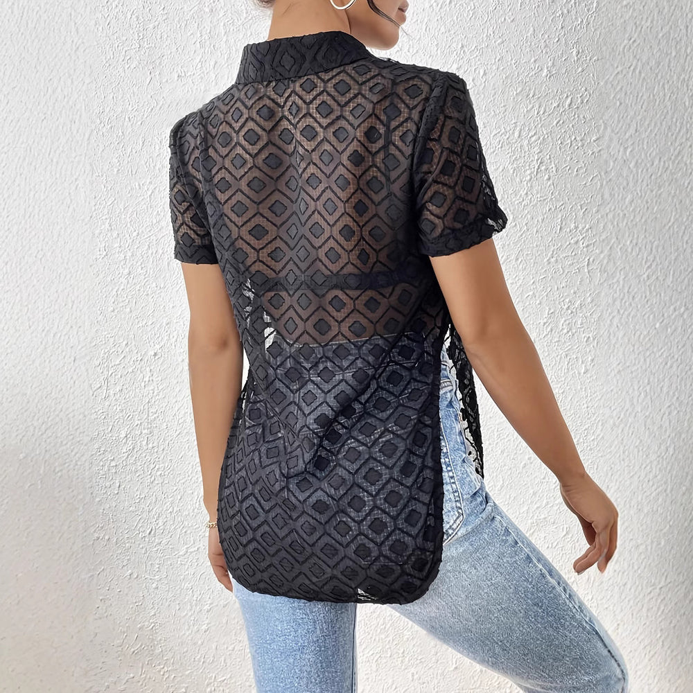 Damen Kurzarmhemd mit geknotetem Design und transparenter Struktur EB