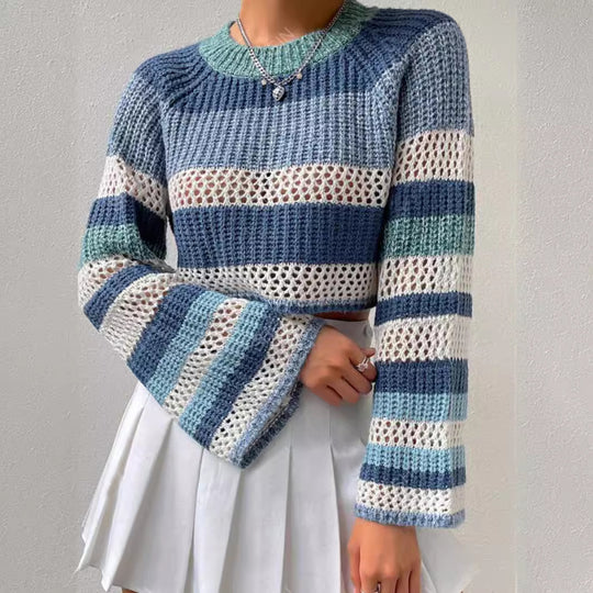 Damen luftiger, gestreifter Strickpullover mit weitem Schnitt EB