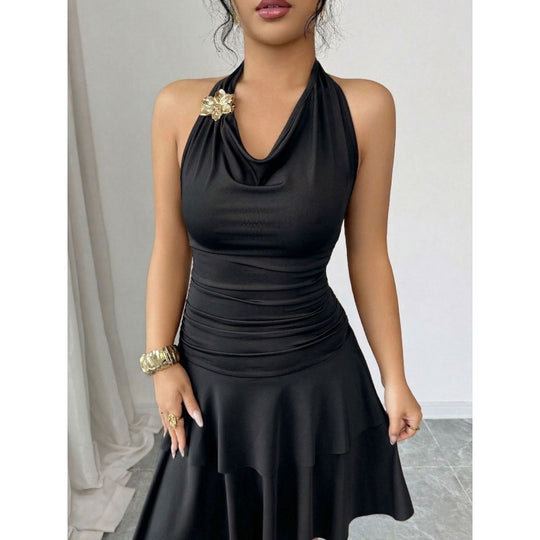 Damen figurbetontes Wickelkleid mit elegantem Wasserfallausschnitt und schwingendem Rock EB