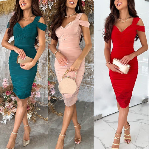 Damen Bodycon-Kleid mit Asymmetrischem Ausschnitt und Rüschendetails EB