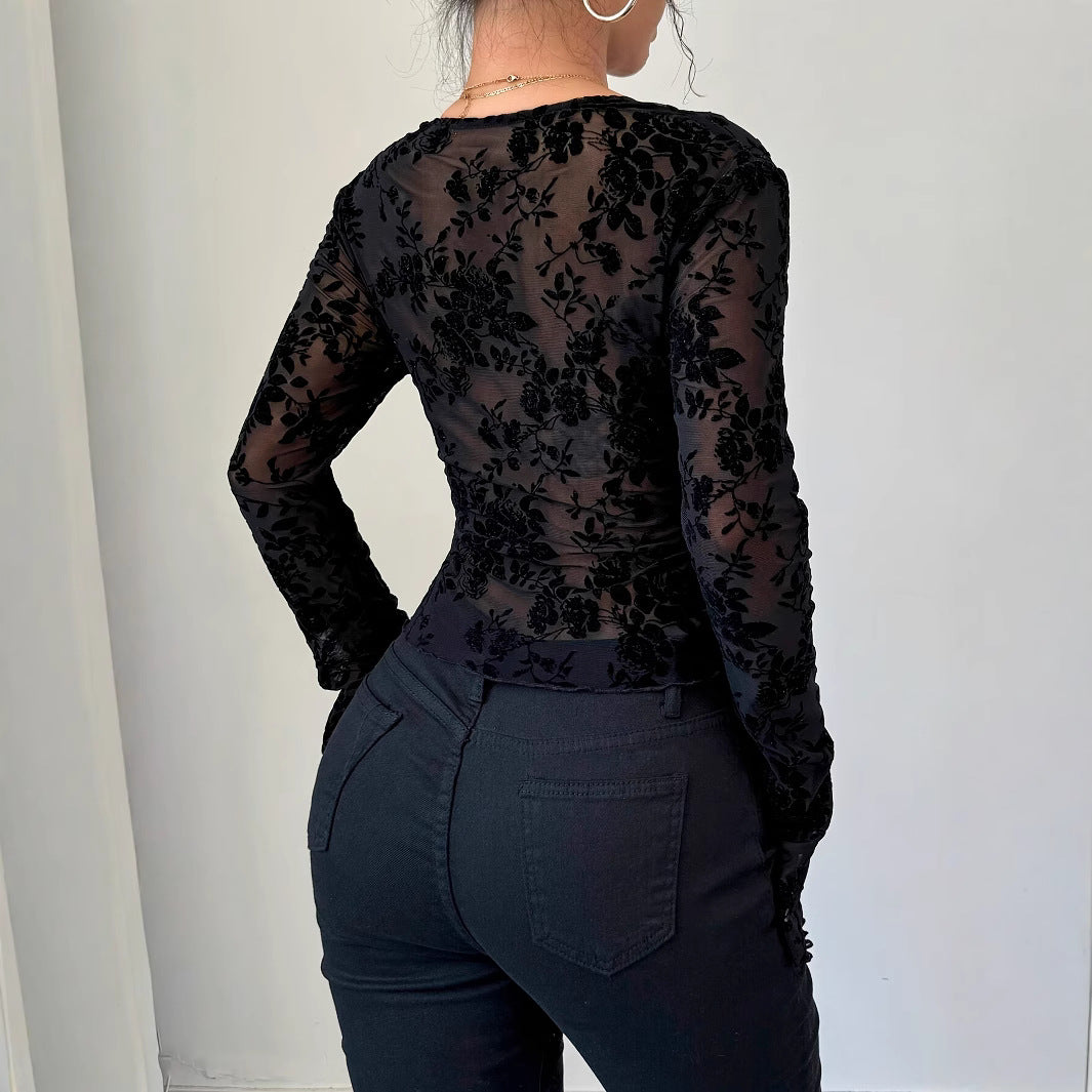 Damen Elegantes Spitzenoberteil mit tiefem V-Ausschnitt und Rüschendetails EB