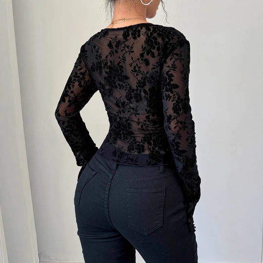 Damen nan eng anliegende transparente Mesh-Spitzenbluse mit tiefem V-Ausschnitt und floraler Veloursstruktur EB