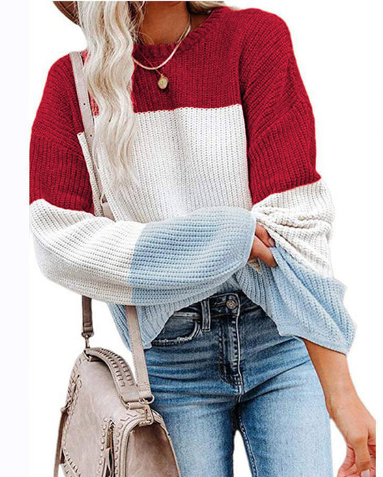 Damen modischer Strickpullover mit farbigem Blockdesign und weitem Schnitt EB
