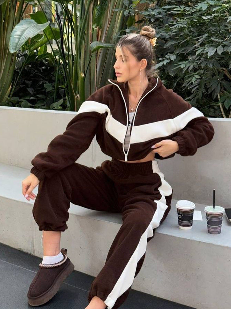 Damen nan kuscheliger Fleece-Trainingsanzug mit Zip-Jacke und elastischen Bündchen EB