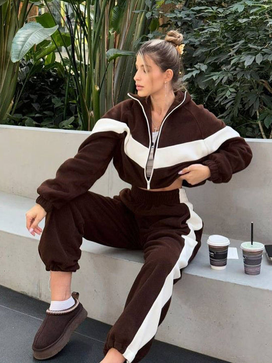 Damen nan kuscheliger Fleece-Trainingsanzug mit Zip-Jacke und elastischen Bündchen EB