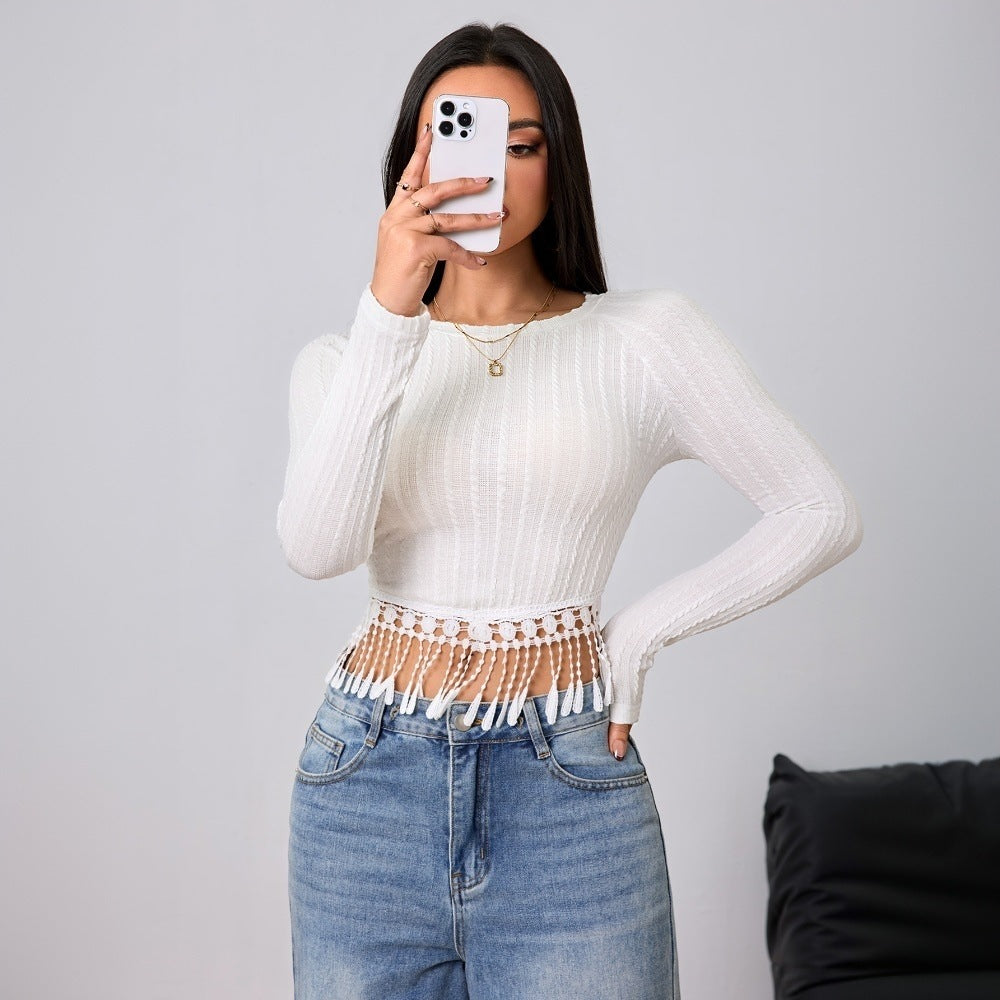 Damen gehäkeltes Crop-Longsleeve mit Fransen-Bordüre und Rippstruktur Eichborn Berlin