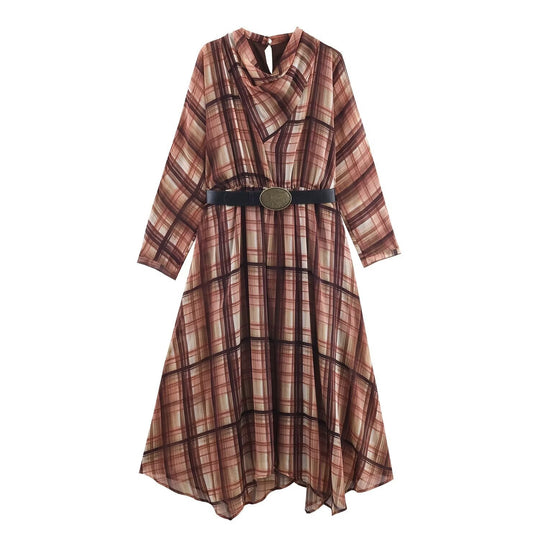 Damen Langarm Kleid im karierten Design mit asymmetrischem Saum und Bindegürtel EB