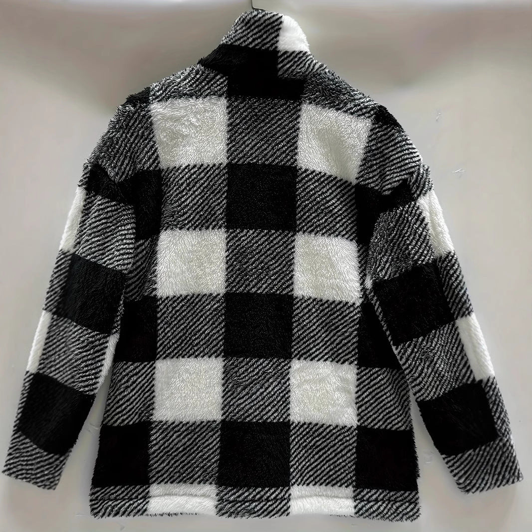 Damen Fleecejacke mit modernes Karomuster und praktischen Taschen EB