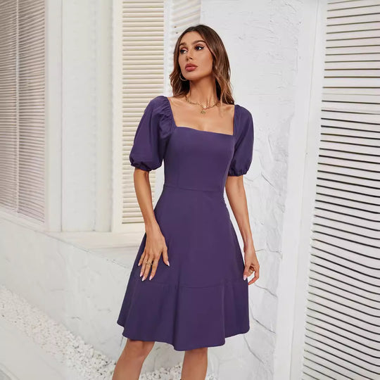 Damen Off-Shoulder Kleid mit Puffärmeln und schwingendem Rock EB