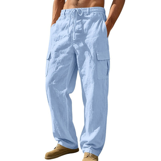 Herren nan entspannt geschnittene Strand-Cargohose aus Leinenblend mit elastischem Tunnelzug und zweifacher Klapptasche EB