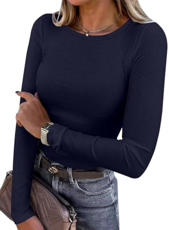 Damen Schmalgeschnittenes Ripp-Longsleeve mit Rundhalsausschnitt und Stretch-Baumwollmix EB