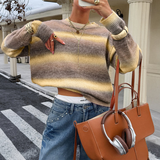 Damen nan Oversized-Feinstrickpullover mit Ombre-Verlauf, Rundhalsausschnitt und überschnittener Schulter EB