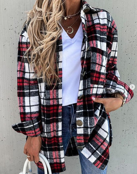 Damen Flanellhemdjacke mit Karomuster und großen Knöpfen EB