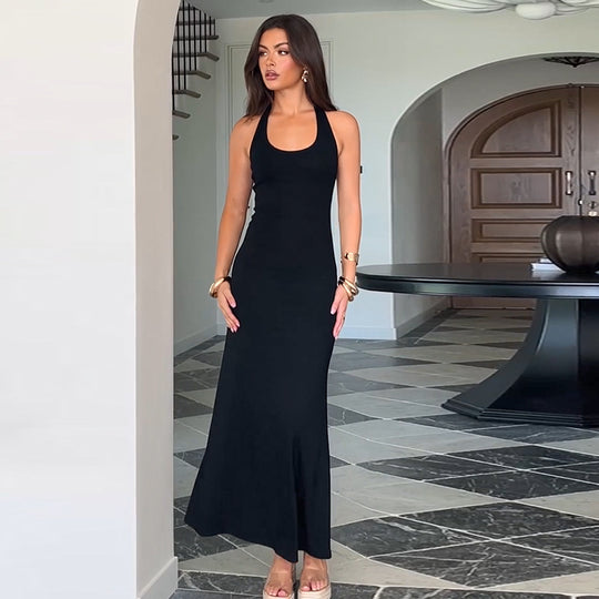 Damen elegantes Maxikleid mit tiefem V-Ausschnitt und figurbetonter Silhouette EB