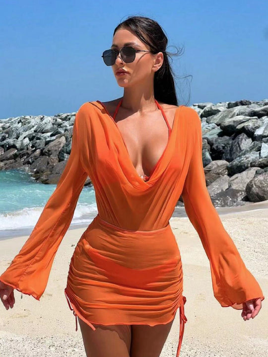 Damen Strandkleid mit elegantem Wickeldesign und langen Ärmeln EB