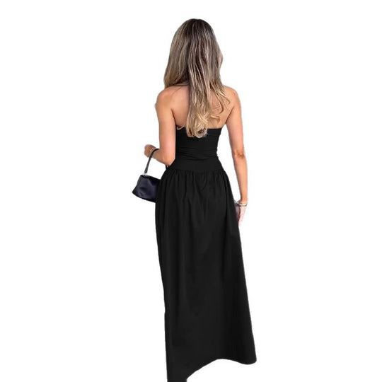 Damen elegantes Bandeau-Maxi-Kleid mit schwingendem Rock und elastischem Bund EB