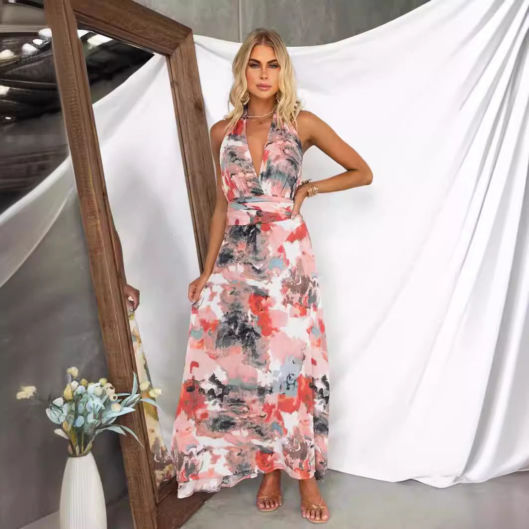 Damen Maxikleid mit tiefem V-Ausschnitt und elegantem Bindegürtel EB