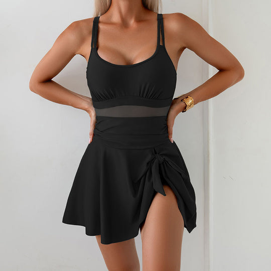 Damen eleganter Badeanzug mit rüschiertem Rock EB