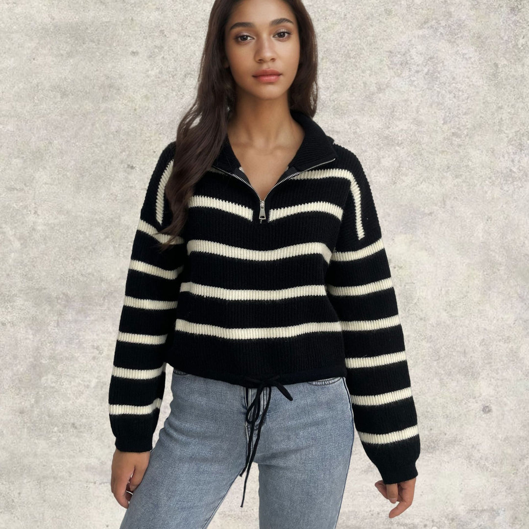 Damen Strickpullover mit Stehkragen und Kordelzug EB