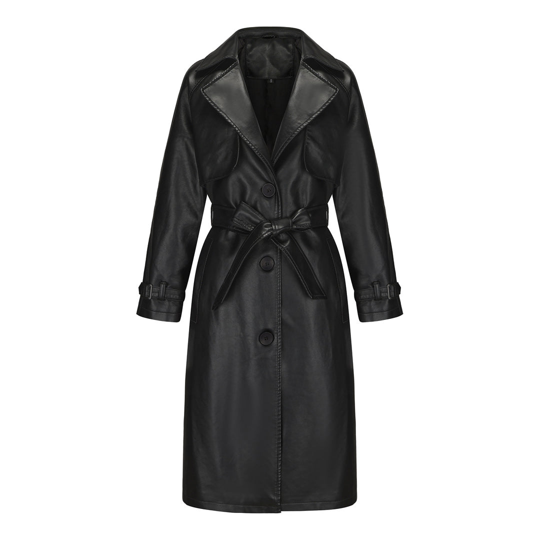Damen nan langer taillierter Kunstleder-Trenchcoat mit Bindegürtel EB