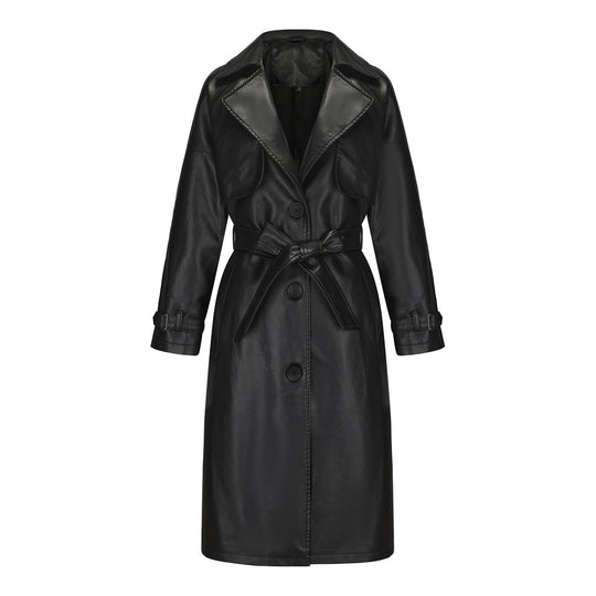 Damen nan langer taillierter Kunstleder-Trenchcoat mit Bindegürtel EB