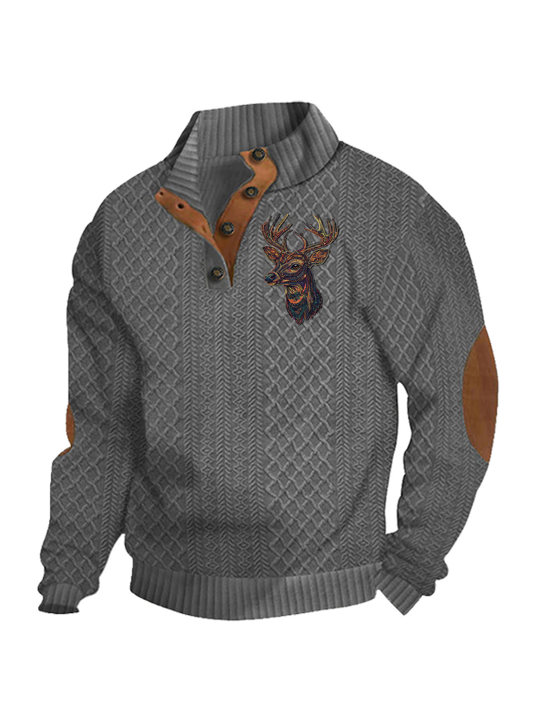 Herren nan Heritage-Strukturpullover mit Stehkragen Lederimitat-Besatz Ellenbogen-Patches und Halbknopfleiste EB