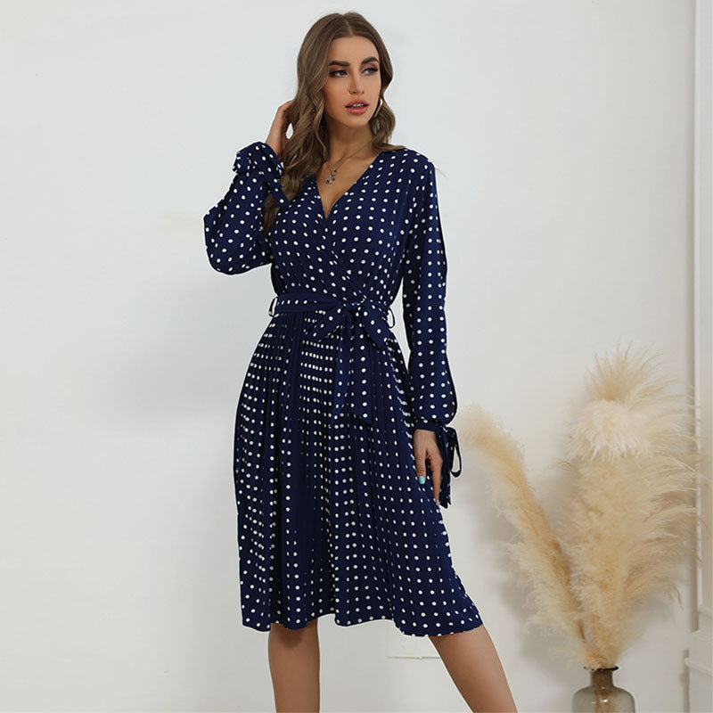 Damen Wickelkleid mit Punktmuster und langem Ärmel EB