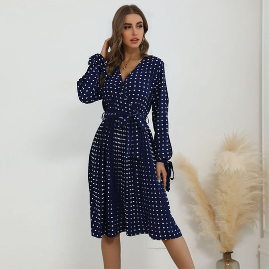 Damen Wickelkleid mit Punktmuster und langem Ärmel EB