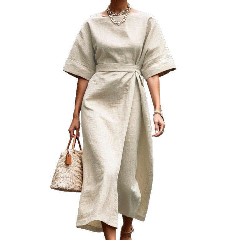 Damen elegantes Midikleid mit breitem Taillengürtel und weiten Ärmeln EB