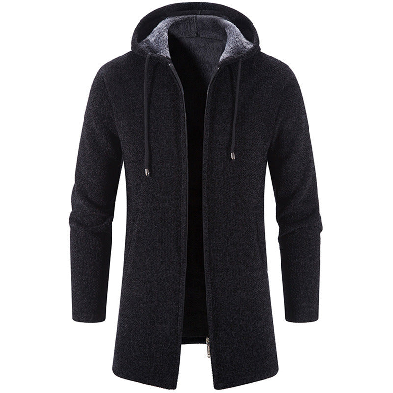 Herren nan langer Kapuzenstrickmantel mit Teddyfutter, durchgehendem Reißverschluss und seitlichen Eingrifftaschen EB