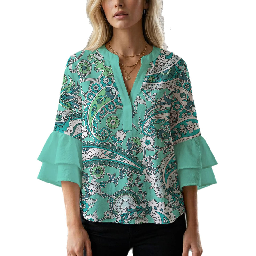 Damen elegantes Blusenshirt mit voluminösen Rüsenärmeln und grafischem Blumendesign EB