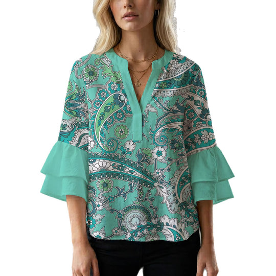 Damen elegantes Blusenshirt mit voluminösen Rüsenärmeln und grafischem Blumendesign EB