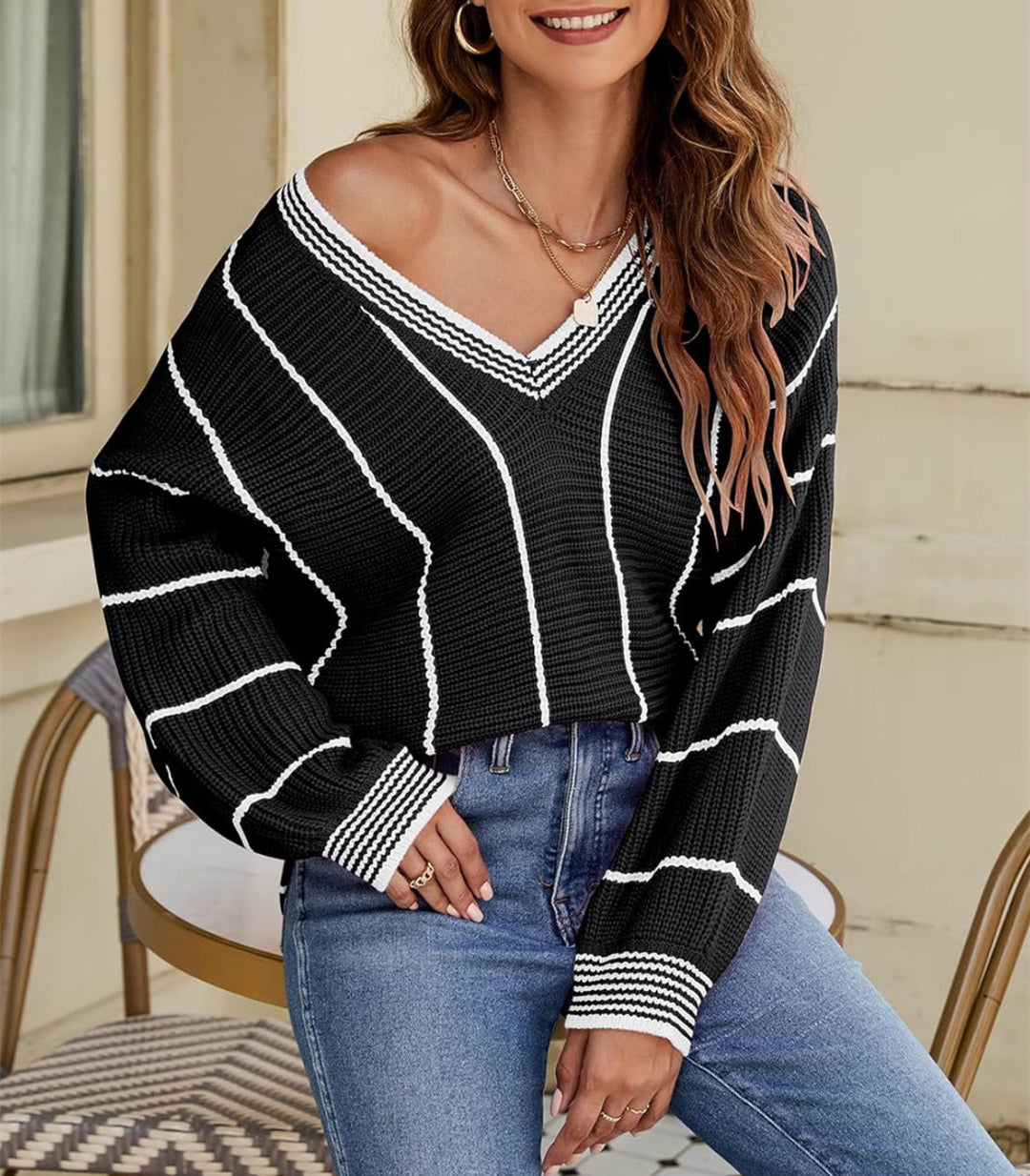 Damen Cropped Strickpullover mit V-Ausschnitt, Waffelstruktur und kontrastierenden Streifen EB