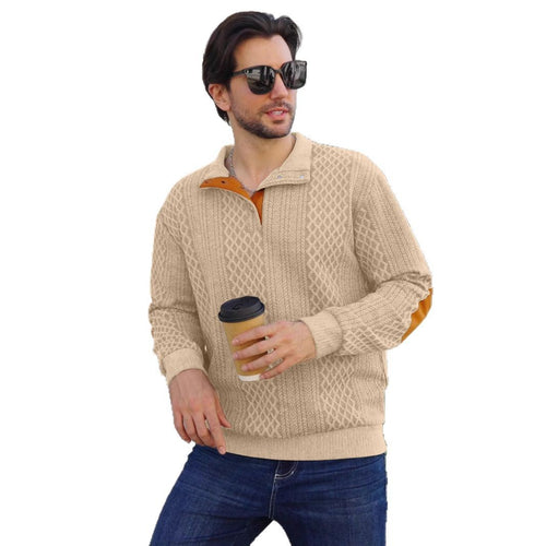Herren nan strukturierter Henley-Pullover mit Stehkragen, Knopfleiste und Lederoptik-Ellbogenbesatz EB