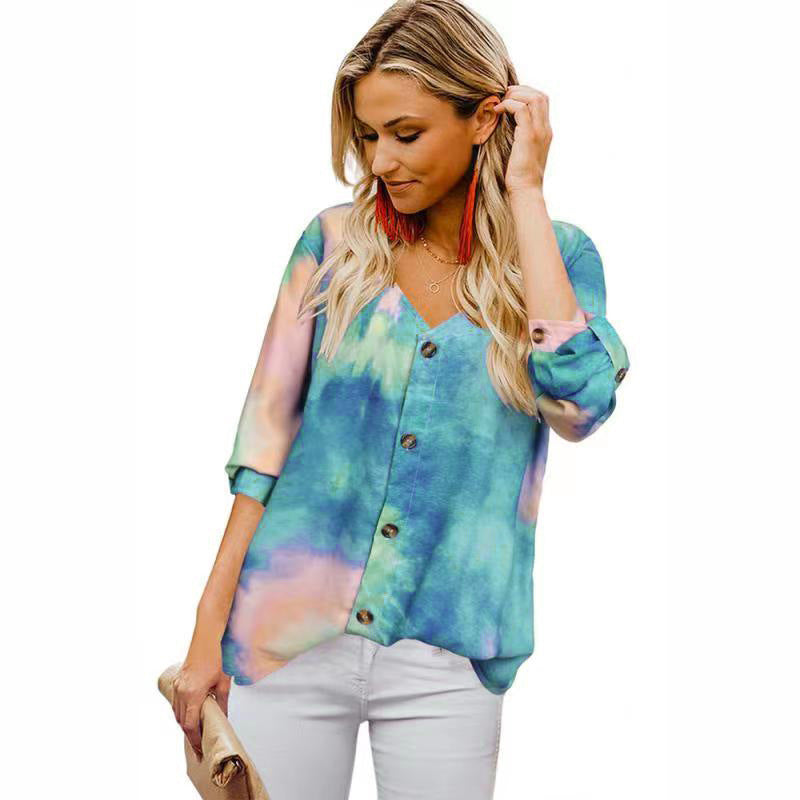 Damen Lässige Bluse mit buntem Farbverlauf und umschlagbaren Ärmel EB