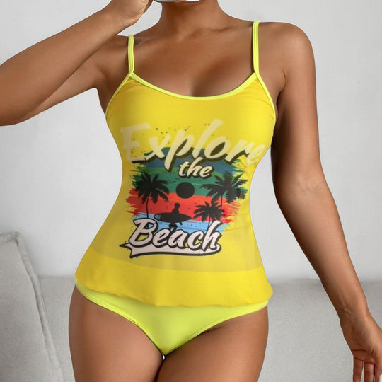 Damen Tankini-Set mit sportlichem Grafikdesign und hoch tailliertem Höschen EB