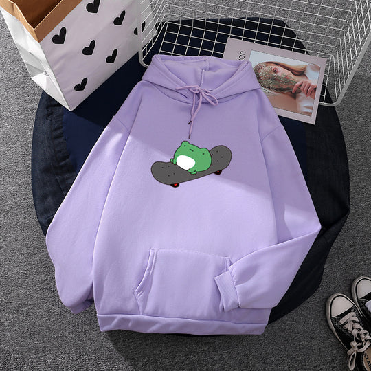 Unisex nan Kapuzenpullover mit Skater-Frosch-Print, weichem Fleece-Innenfutter und Kängurutasche EB