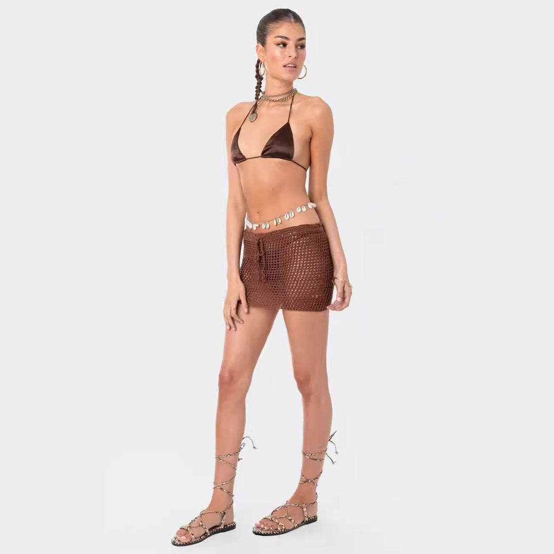 Damen gehäkeltes Strand-Outfit mit verstellbarem Oberteil und Shorts EB