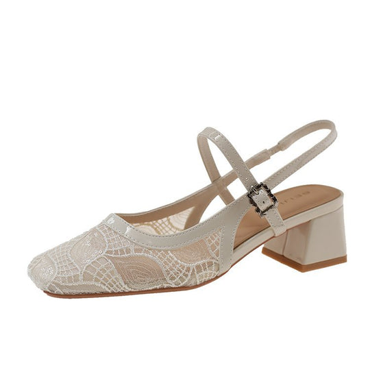 Damen Slingback-Pumps mit floralem Spitzenmuster und elegantem Blockabsatz EB