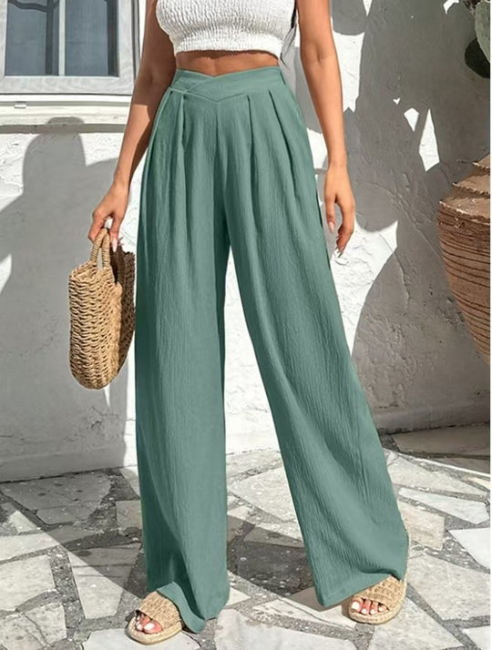 Damen weite Hochtaillenhose mit eleganten Falten EB